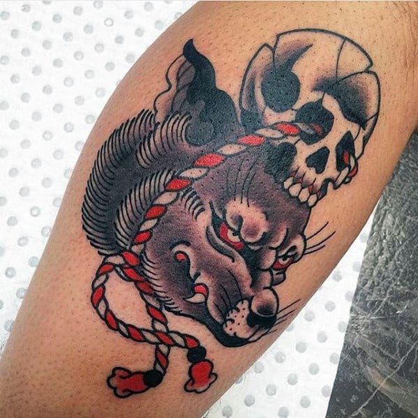 Old School Traditional Guys Kitsune Skull Leg Tattoos
