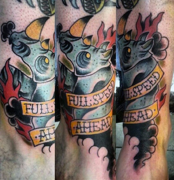 Old School Traditional Guys Rino Animal Tattoo On Leg
