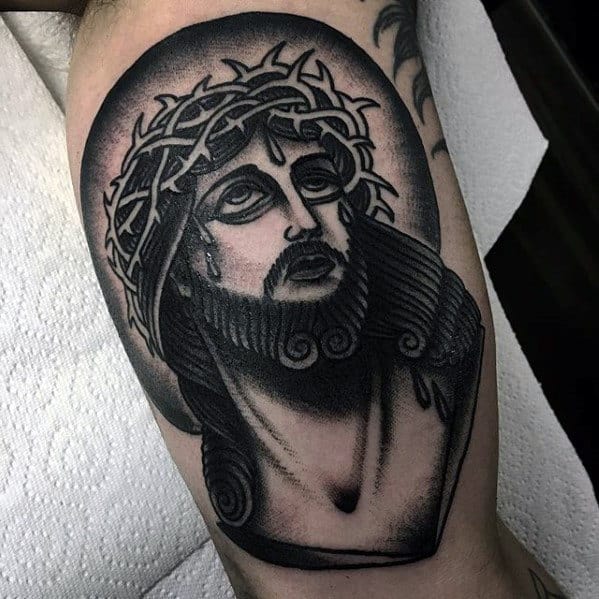 Old School Traditional Jesus Mens Arm Tattoo Ideas