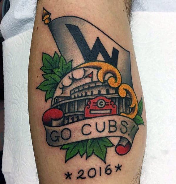 Old School Traditional Leg Calf Chicago Cubs Male Tattoos