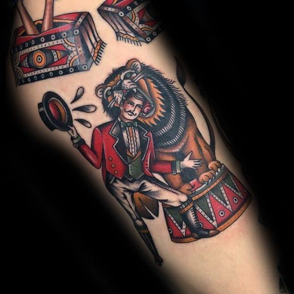 Old School Traditional Lion Tamer Unique Mens Circus Tattoos