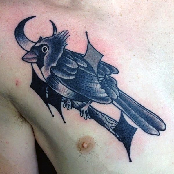 Old School Traditional Male Black Ink Cardinal Chest Tattoos