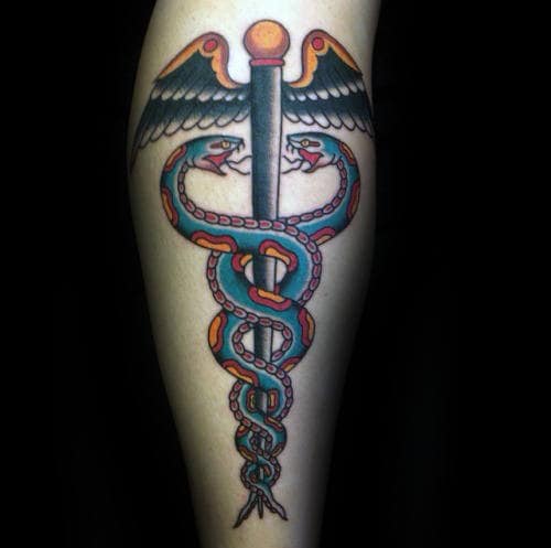 Old School Traditional Male Caduceus Symbol Tattoo On Back Of Leg
