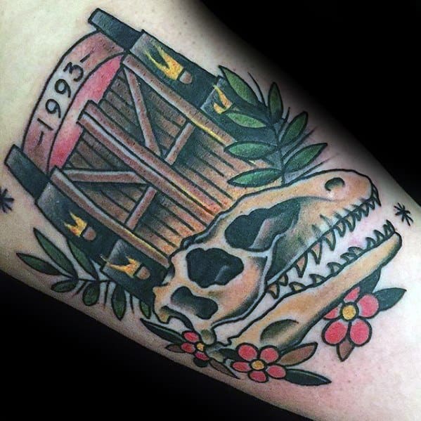 Old School Traditional Male Jurassic Park Movie Arm Tattoo Ideas