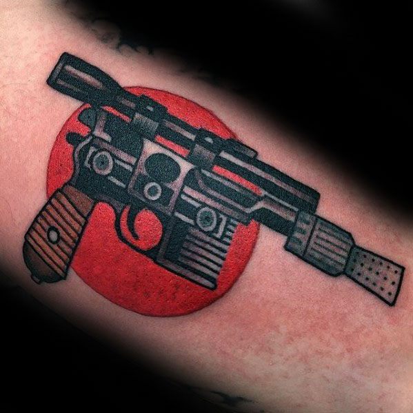 Old School Traditional Masculine Han Solo Blaster Pistol Arm Tattoos For Men