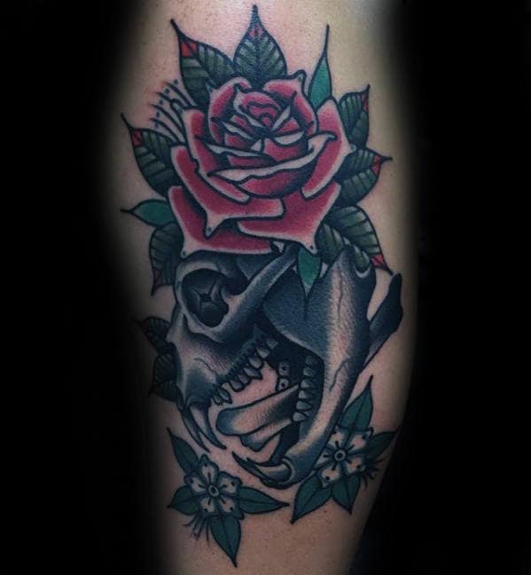 Old School Traditional Mens Bear Skull Rose Flower Tattoo On Leg