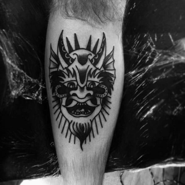 Old School Traditional Mens Black Ink Devil Leg Calf Tattoo