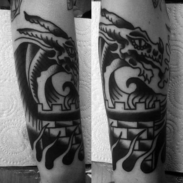 Old School Traditional Mens Dragon With Castle Forearm Tattoo