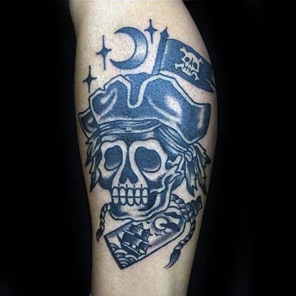 Old School Traditional Mens Skull Pirate Flag Leg Calf Tattoo