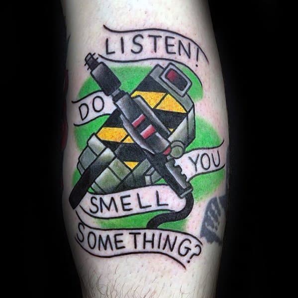 Old School Traditional Mens Tattoo Ideas With Ghostbusters Design On Leg