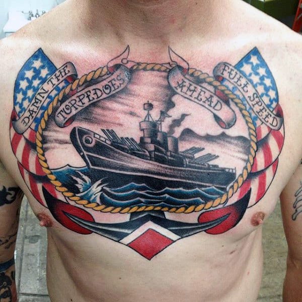 Old School Traditional Mens Torpedoes Ahead Upper Chest Tattoos
