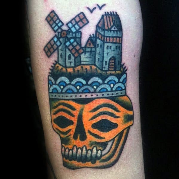 Old School Traditional Mens Windmill Skull Arm Tattoo