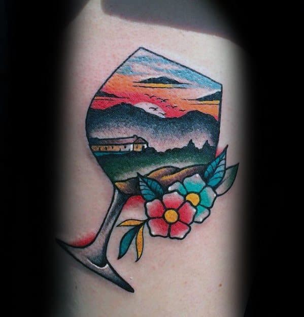 Old School Traditional Nature Landscape Wine Mens Tattoo Designs On Arm