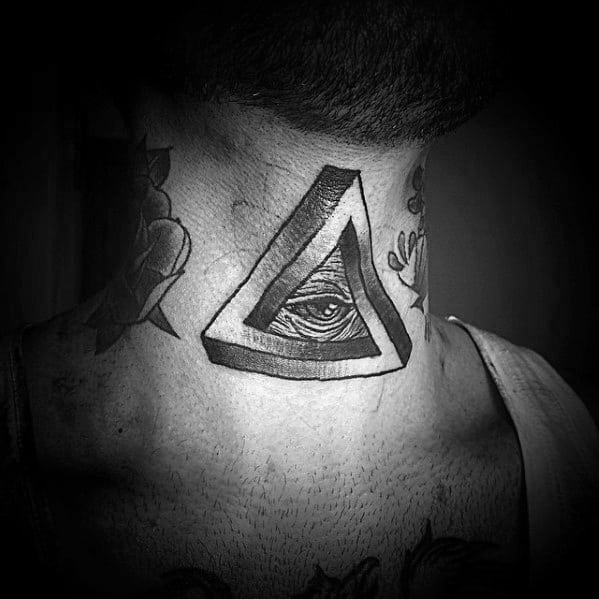 Old School Traditional Neck Male With Cool Penrose Triangle Tattoo Design