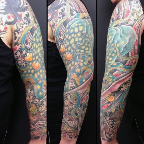 Old School Traditional Octopus Mens Sleeve Tattoos