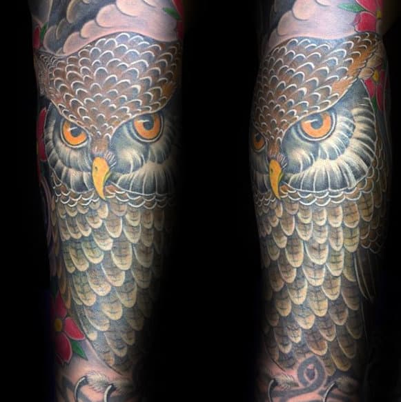 Old School Traditional Owl Forearm Sleeve Tattoo Ideas For Men