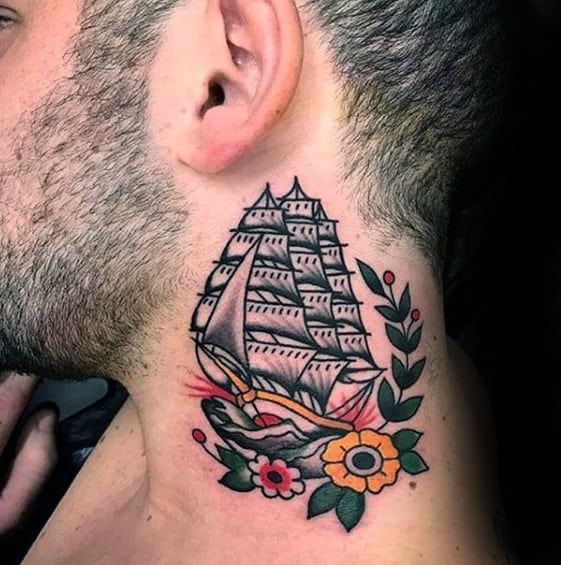 Old School Traditional Sailing Ship Guys Small Neck Tattoo