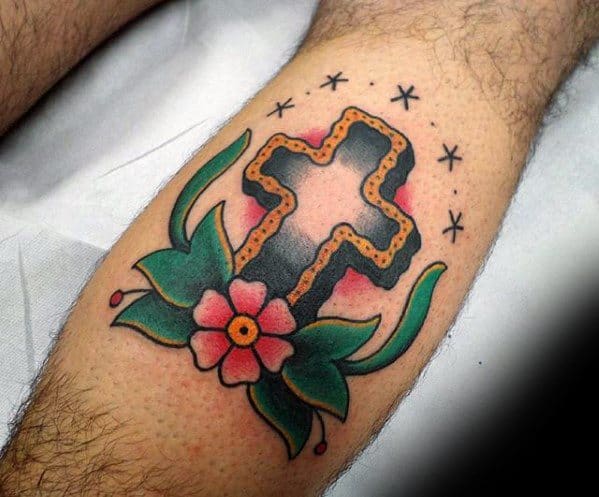 Old School Traditional Simple Christian Mens Leg Calf Tattoo