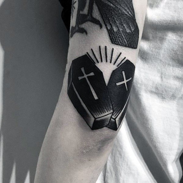 Old School Traditional Simple Cross With Caskets Mens Outer Arm Tattoo
