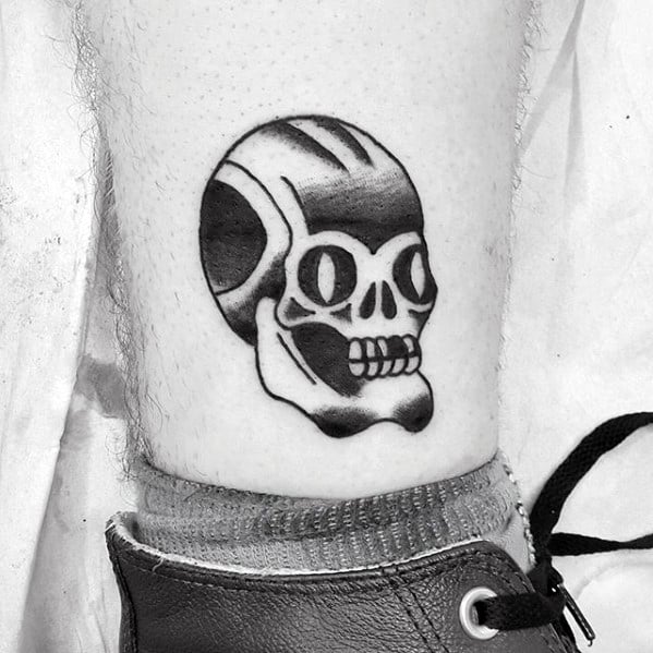 Old School Traditional Simple Male Skull Tattoo On Lower Leg
