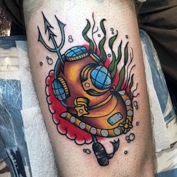 Old School Traditional Thigh Awesome Ink Diving Helmet Tattoos For Men