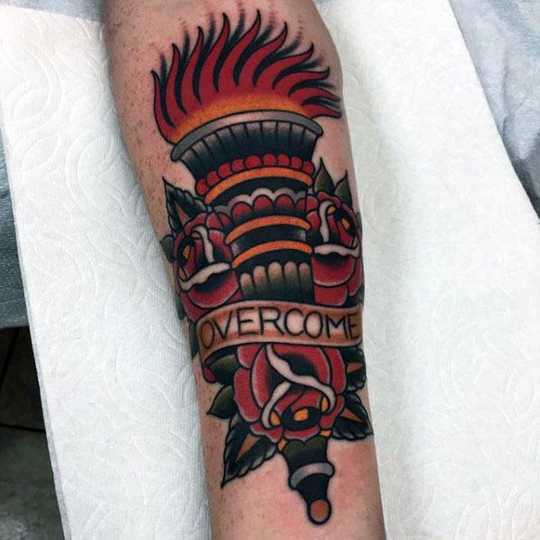 Old School Traditional Torch Masculine Overcome Tattoos For Men