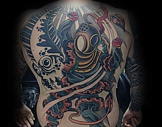 Old School Traditional Unique Mens Full Back Diver Tattoos