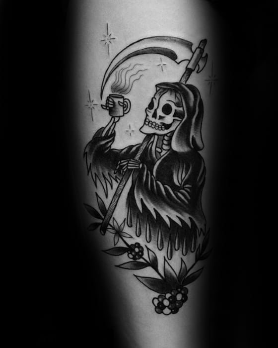 Old School Traditionalc Male Grim Reaper Coffee Forearm Tattoo Ideas