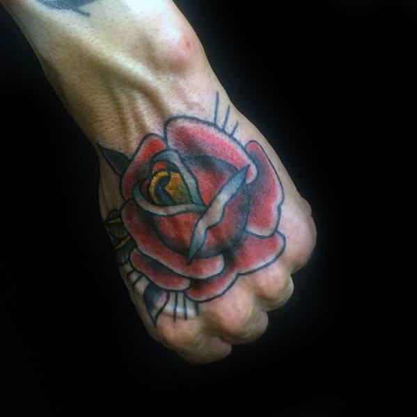 Old School Tradtional Rose Flower Cool Male Simple Hand Tattoo Designs