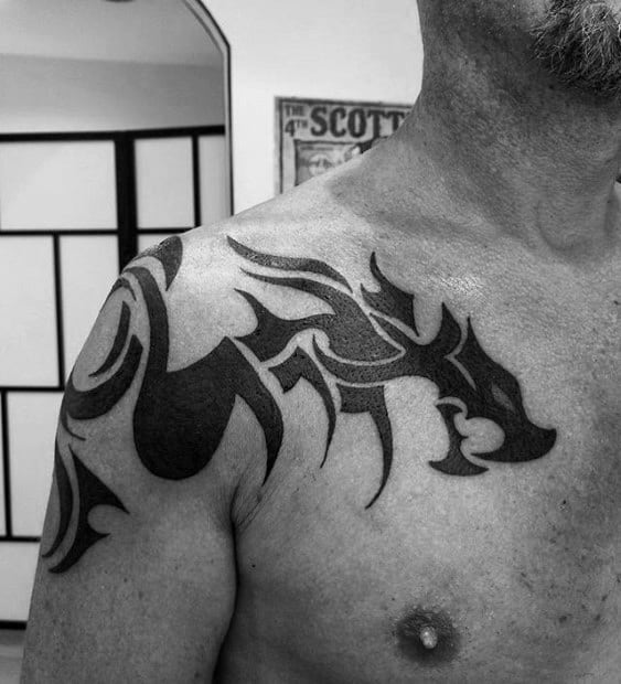 Old School Tribal Black Ink Mens Dragon Shoulder Tattoos