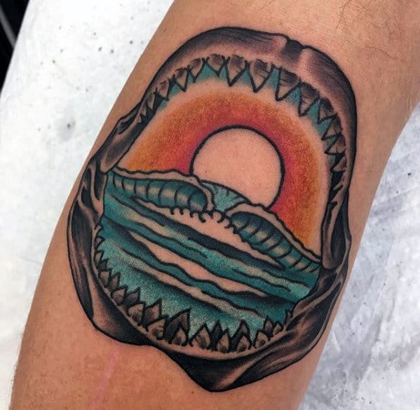Old School Waves With Sun Mens Shark Jaw Arm Tattoo