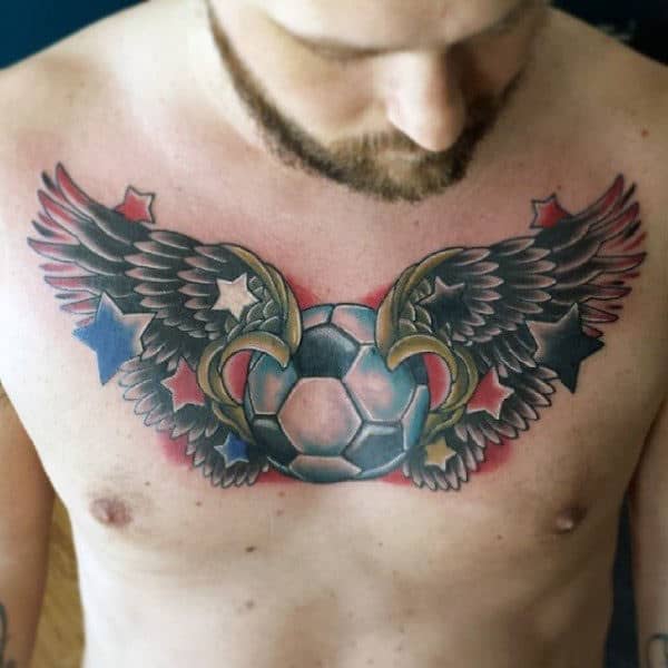 Old School Wings Soccerball Mens Tattoo On Chest