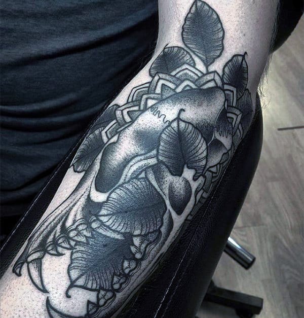 Old School Wolf Skull With Leaves Mens Forearm Tattoo