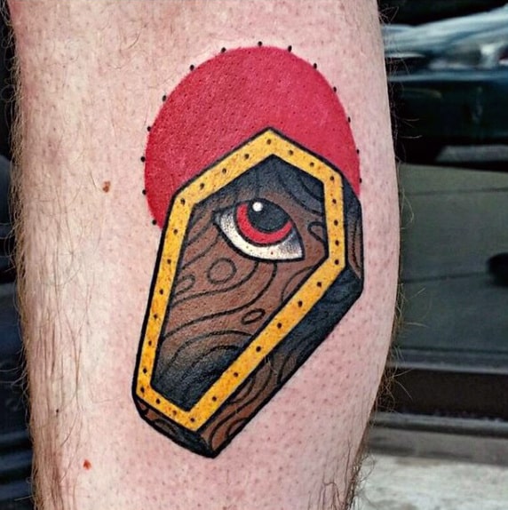 Old School Wood Coffin Eye Tattoo With Red Ink Sun For Men