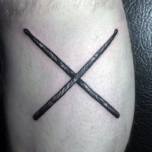 Old School Wood Drum Stick Male Leg Calf Tattoos