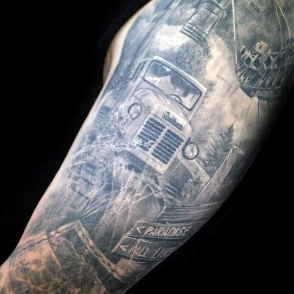 Old Truck In The Woods Mens Sleeve Tattoos