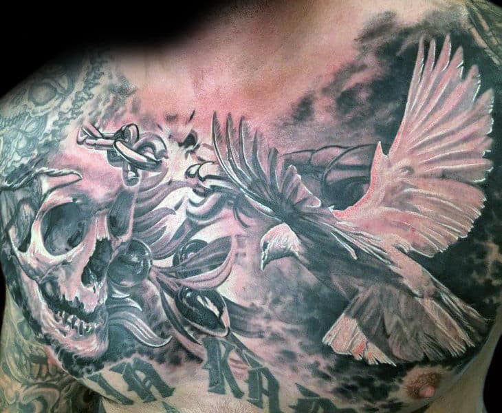 Olive Branch With Flying White Dove Mens Chest Tattoos