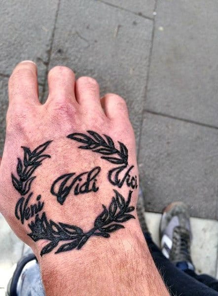 Olive Branches Veni Vidi Vici Mens Hand Tattoos