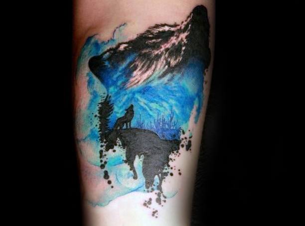 Howling wolf tattoo with a blue watercolor background, forest silhouettes, and layered black wolves for a dramatic, nature-inspired scene.