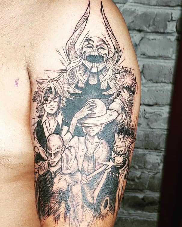 Black ink anime crossover tattoo featuring characters from One Piece, Naruto, Fairy Tail, and other series, with bold shading and intricate linework.
