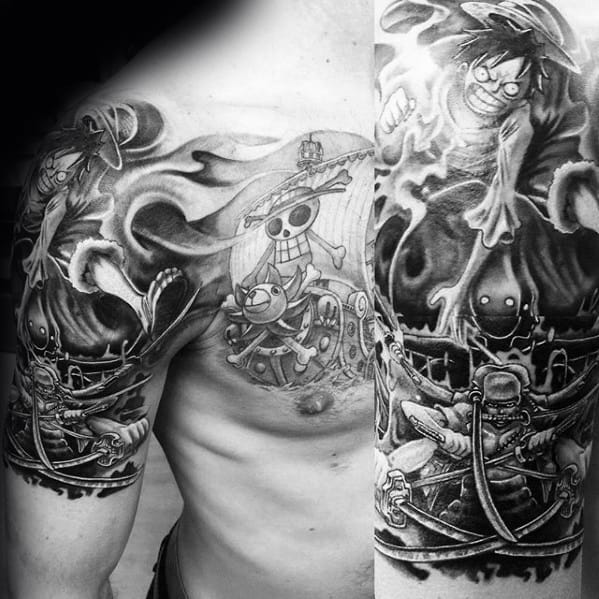 One Piece Tattoo Design On Man Half Sleeve And Chest