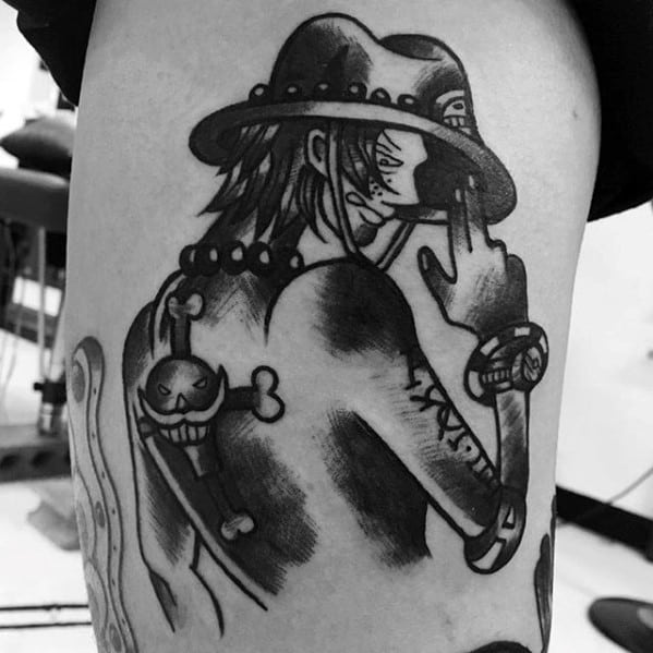 One Piece Tattoo On Men On Thigh