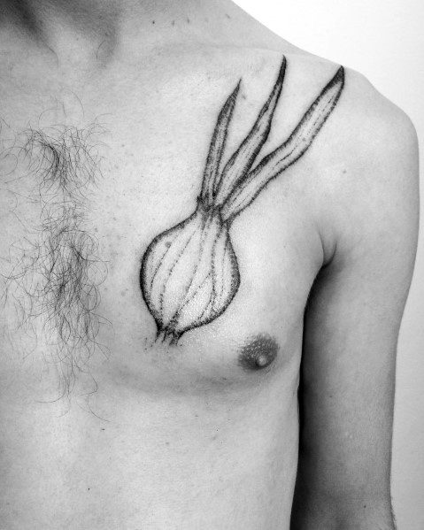 Sketch-style onion tattoo on the chest, featuring rough, hand-drawn lines with long sprouting leaves for a raw and artistic botanical look.
