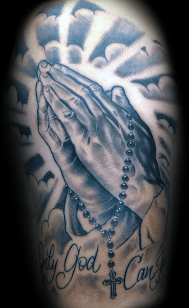 only god can judge me praying hands mens arm tattoo