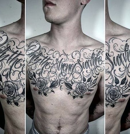 Only The Strong Survive With Two Rose Flowers Mens Chest Tattoos