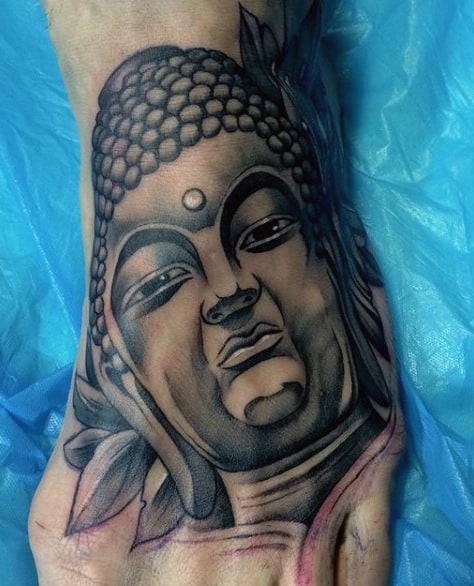 Open Eyed Buddha Portrait Tattoo On Feet For Men