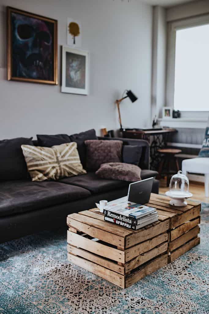rustic small living room with wood crate coffe table