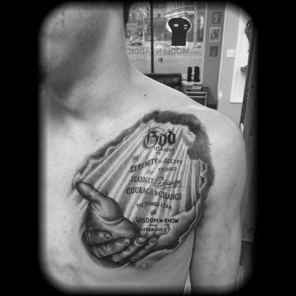 Open Hands Guys Serenity Prayer Upper Chest Shaded Tattoos