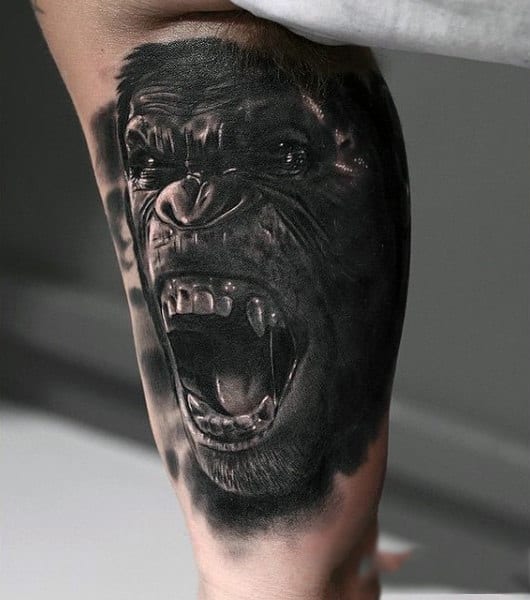 Open Mouthed Chimpanzee Realism Tattoos Guys Calves