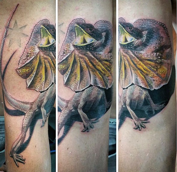 Open Mouthed Iguana Tattoo On Mens Forearms